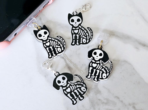 Glow in Dark Kindle Charm, USB-C Dust Plug Charm, Badge Reel Charm, Skeleton Cat & Dog, Phone Charm, Book Accessories, Book Lovers Gift