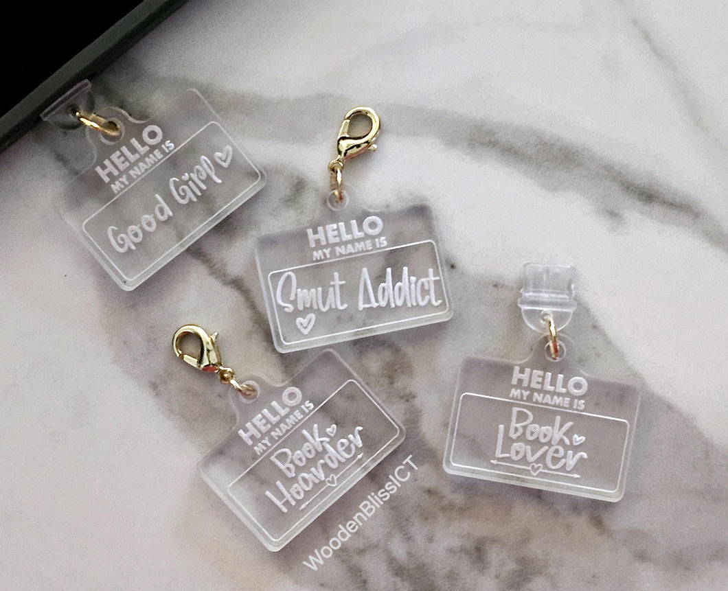 Kindle Charm, USB-C Dust Plug Charm, Badge Reel Charm, Hello My Name Is, PERSONALIZE, Phone Charm, Bookish Accessories, Book Lovers Gift