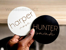 Load image into Gallery viewer, Baby Name Announcement Sign, Baby Shower Gift, Nursery Decor, Gender Reveal, Baby Gift, Laser Engraved, Baby Name Round, Photo Prop
