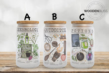Load image into Gallery viewer, Wizard Courses Frosted Glass Cans | Magic Wizard School Glass Cups | Straw and Lid Included | Birthday Gift | Halloween Decor | Christmas

