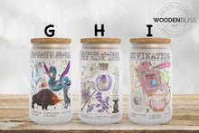 Load image into Gallery viewer, Wizard Courses Frosted Glass Cans | Magic Wizard School Glass Cups | Straw and Lid Included | Birthday Gift | Halloween Decor | Christmas
