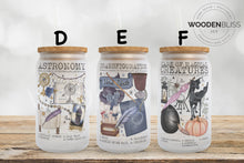 Load image into Gallery viewer, Wizard Courses Frosted Glass Cans | Magic Wizard School Glass Cups | Straw and Lid Included | Birthday Gift | Halloween Decor | Christmas
