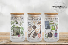 Load image into Gallery viewer, Wizard Courses Frosted Glass Cans | Magic Wizard School Glass Cups | Straw and Lid Included | Birthday Gift | Halloween Decor | Christmas
