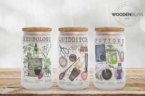 Wizard Courses Frosted Glass Cans | Magic Wizard School Glass Cups | Straw and Lid Included | Birthday Gift | Halloween Decor | Christmas