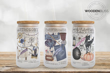 Load image into Gallery viewer, Wizard Courses Frosted Glass Cans | Magic Wizard School Glass Cups | Straw and Lid Included | Birthday Gift | Halloween Decor | Christmas
